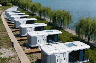 Aerial view of capsule cabins arranged along a lakeside path