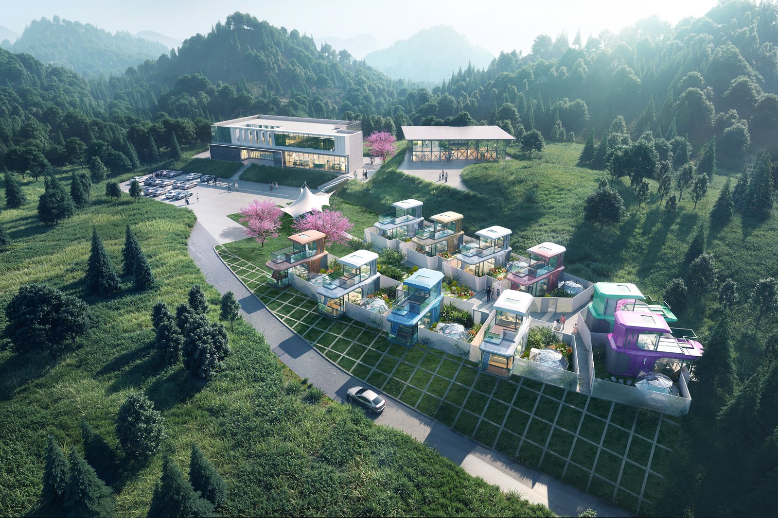 Rendered mountain resort plan with colorful double-deck capsule cabins