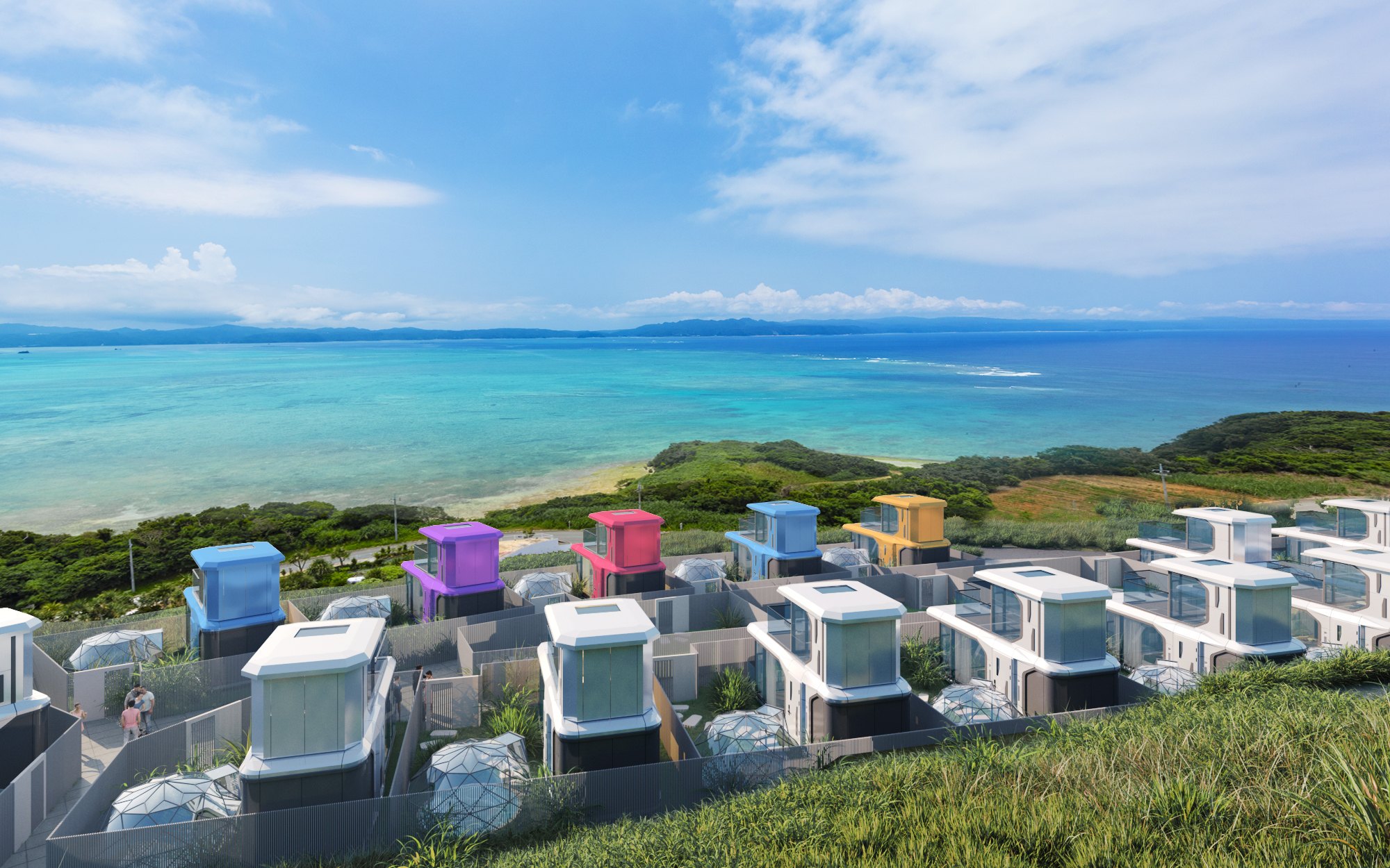 Rendered coastal resort layout with multiple space capsule cabins
