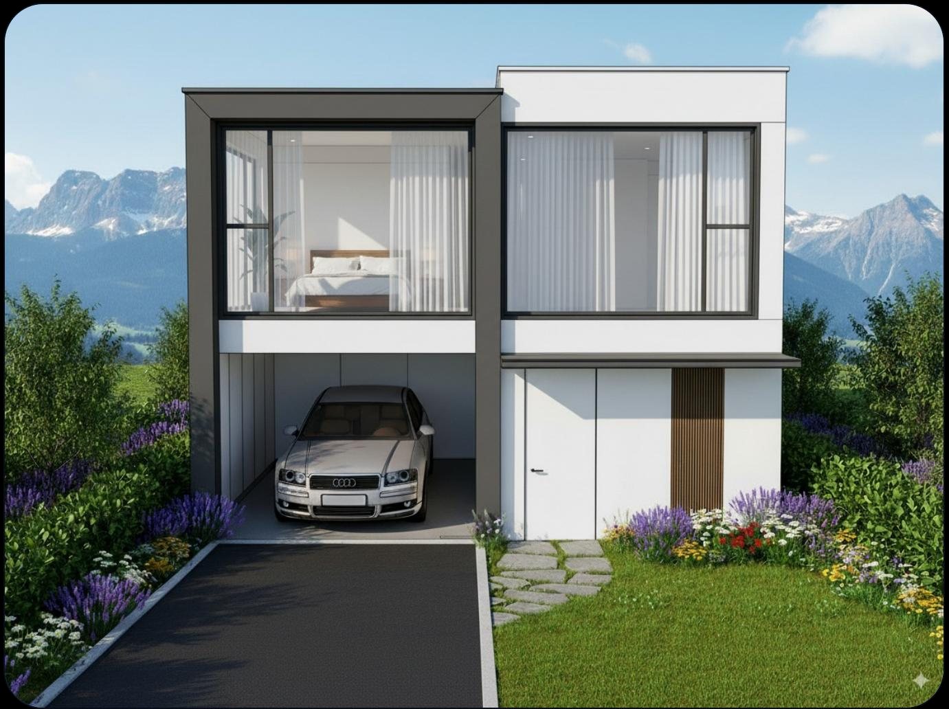 Two-storey finished modular home exterior with garage bay and large windows